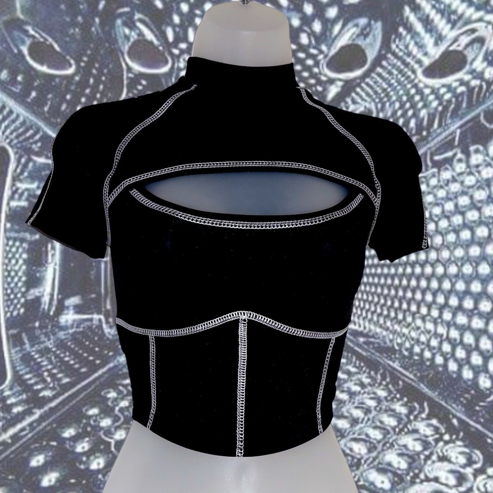 New XS Black Mock Neck Cutout Crop Top White Stitching Short Sleeve Y2k Goth